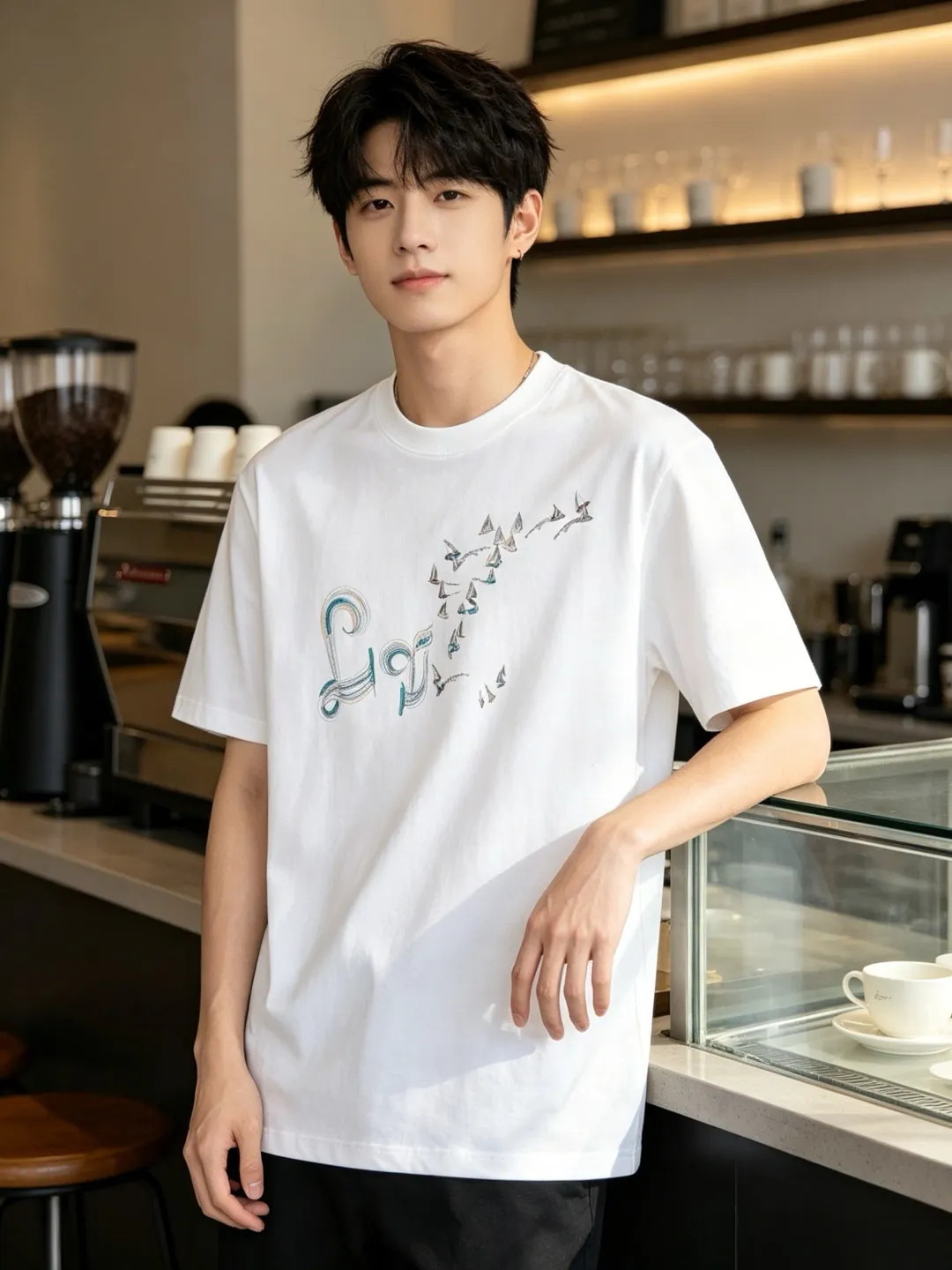Louis Vuitton/Louis Vuitton gradient color thread sailboat and bird embroidery short sleeves